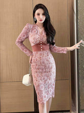 Long Sleeves Lace Trimmed Empire Waist Dress S / Pink